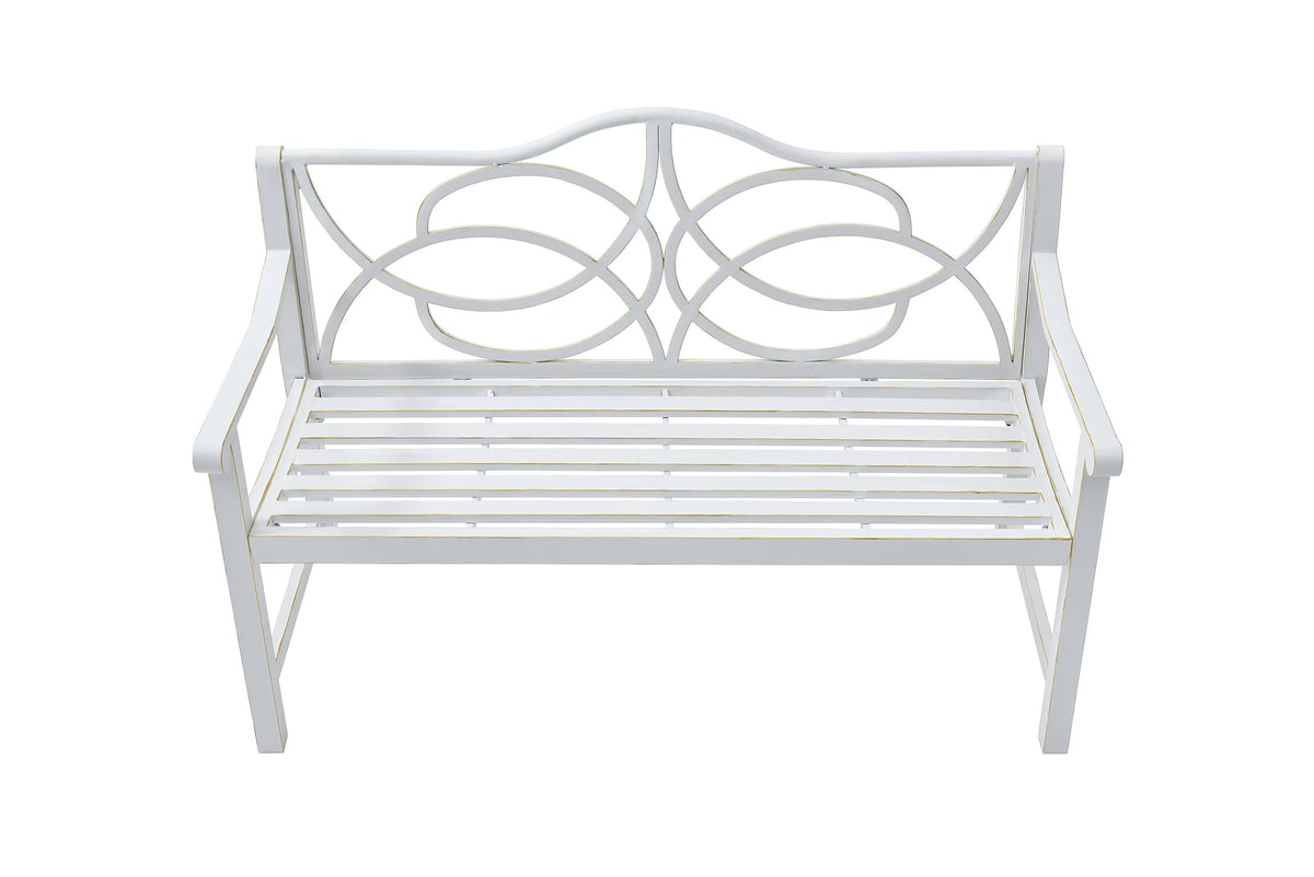 Royard Oaktree Outdoor Patio Bench, Garden Bench with Iron Metal Steel Frame, Backrest, and Armrests, Park Bench with Slatted Seat for 2-3 People for Lawn, Yard, Balcony, Porch, White