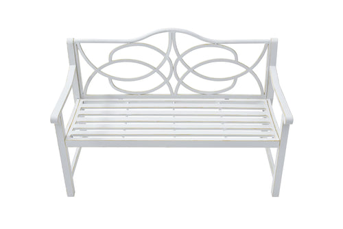 Royard Oaktree Outdoor Patio Bench, Garden Bench with Iron Metal Steel Frame, Backrest, and Armrests, Park Bench with Slatted Seat for 2-3 People for Lawn, Yard, Balcony, Porch, White