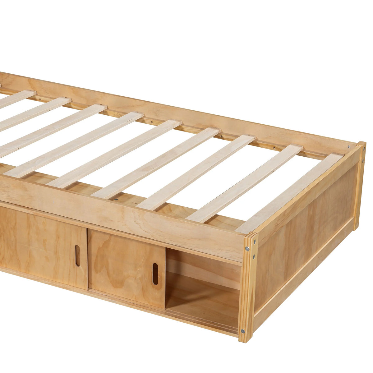 Euroco Pine Wood L-Shaped Twin Platform Bed with Storage Desk, Cabinets, Trundle and LED Light for Kids Teens, Gray