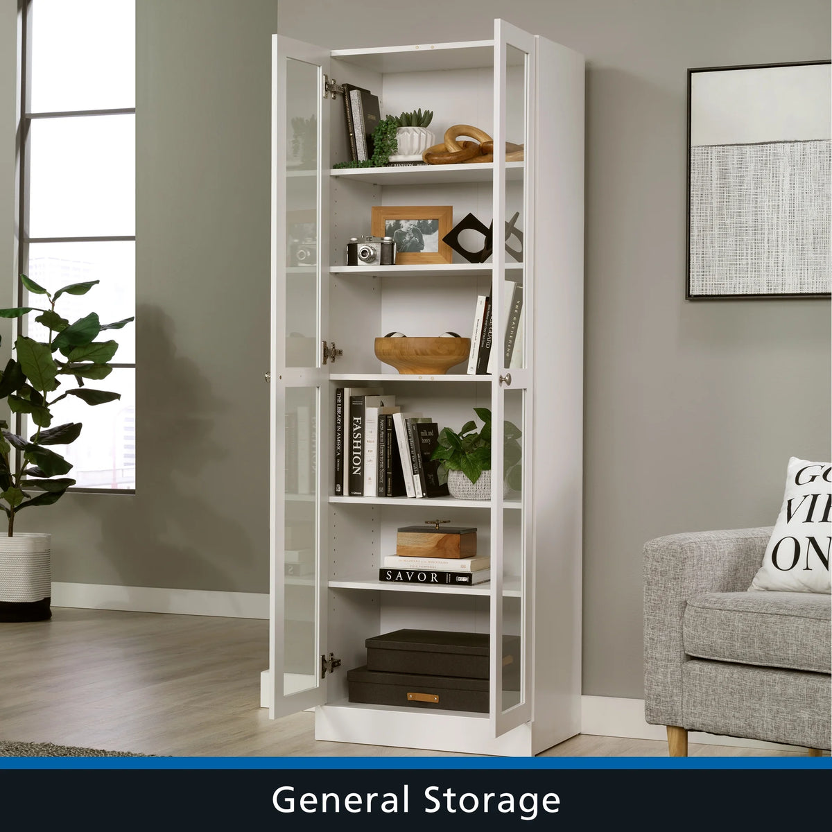 Mainstays Glass Door Storage Bookcase, Black Finish