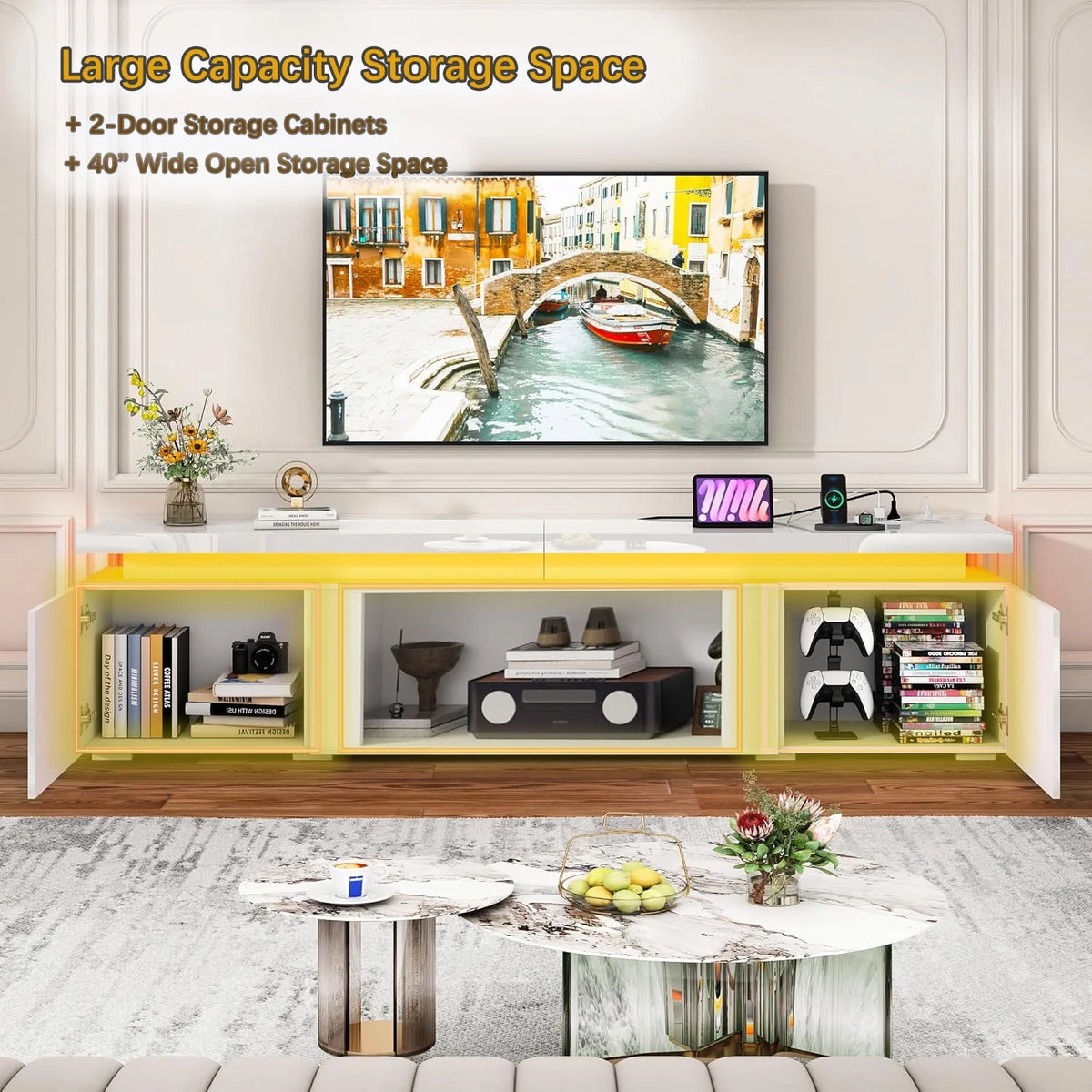 Blotout High Gloss LED TV Stand for up to 80" TVs /40" Electric Fireplace, 71" Large Entertainment Center Console Table with Power Charging Station