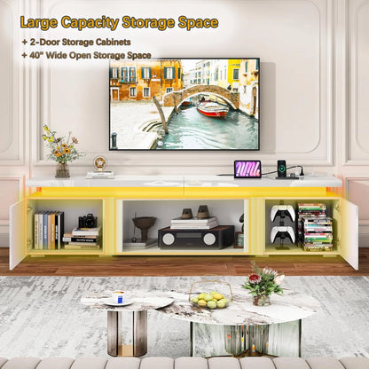 Blotout High Gloss LED TV Stand for up to 80" TVs /40" Electric Fireplace, 71" Large Entertainment Center Console Table with Power Charging Station