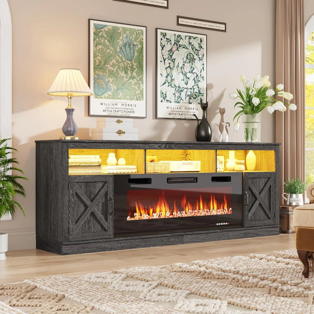 ChVans 70" Fireplace TV Stand for TVs up to 80" with 36" Electric Fireplace, Farmhouse Entertainment Center with LED, Wooden Media Console for Living Room, Bedroom