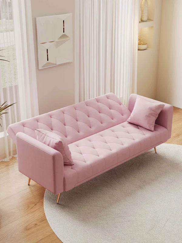 FFH Modern Corduroy Futon Sofa Bed with Adjustable Backrest,Convertible Loveseat Sleeper,Soft Couch with Drop-Down Table and Cup Holder for Living room,Pink