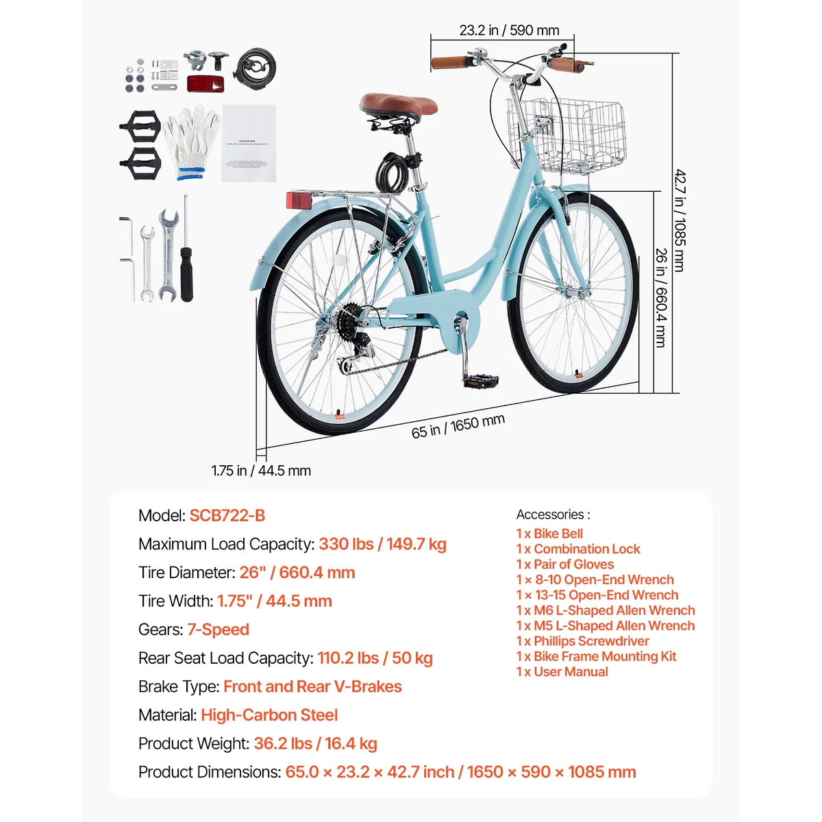 KFFKFF 26" Cruiser Bike, 7-Speed,Pale Blue Coastal Riding Bike with Spacious Basket and Back Stand, Safe & Robust Bicycle with Modifiable Saddle