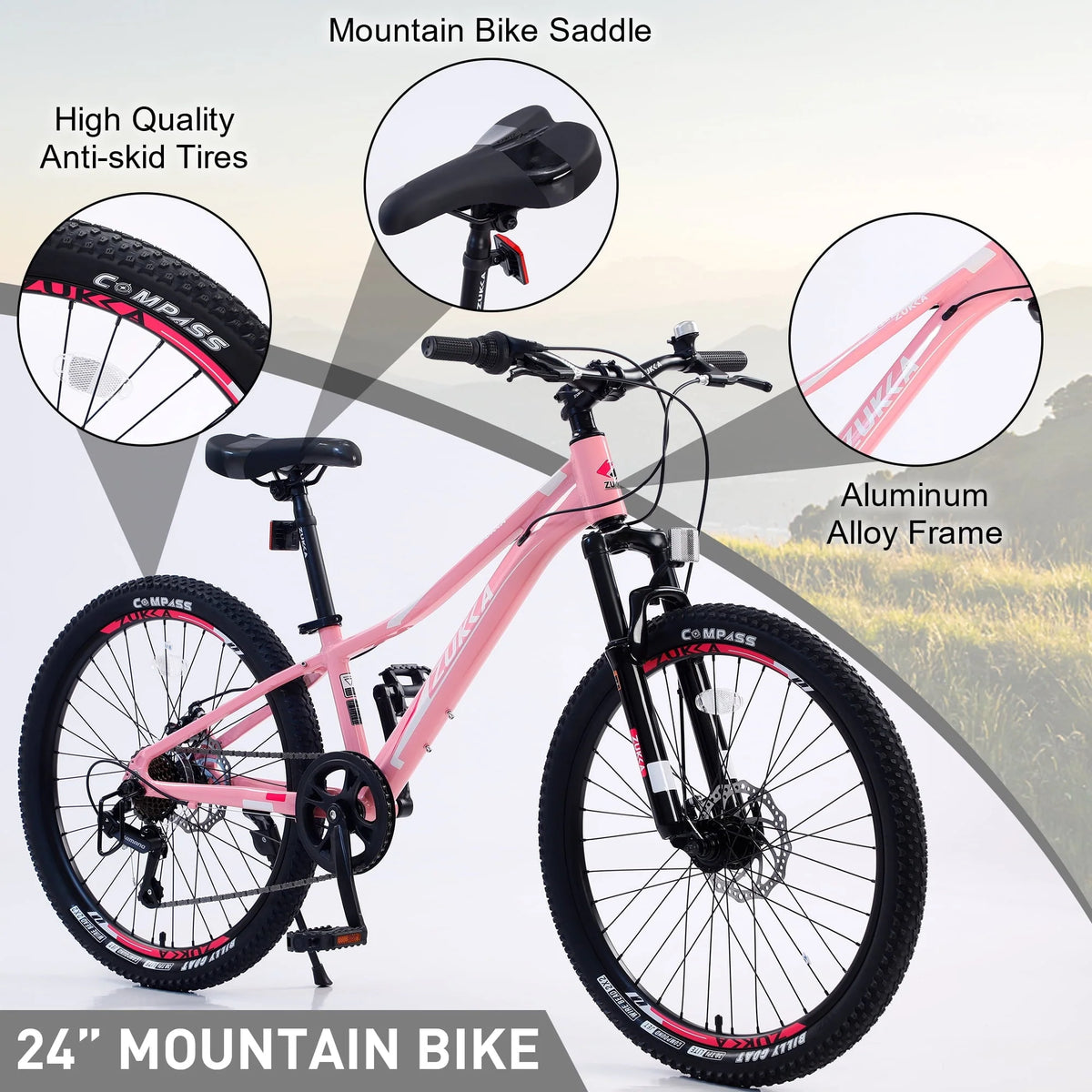 iYofe 24 Inch Kids Mountain Bikes for Girls and Boys, Shimano 7-Speed Girls Mountain Bike for 9-12 Years Old, Pink