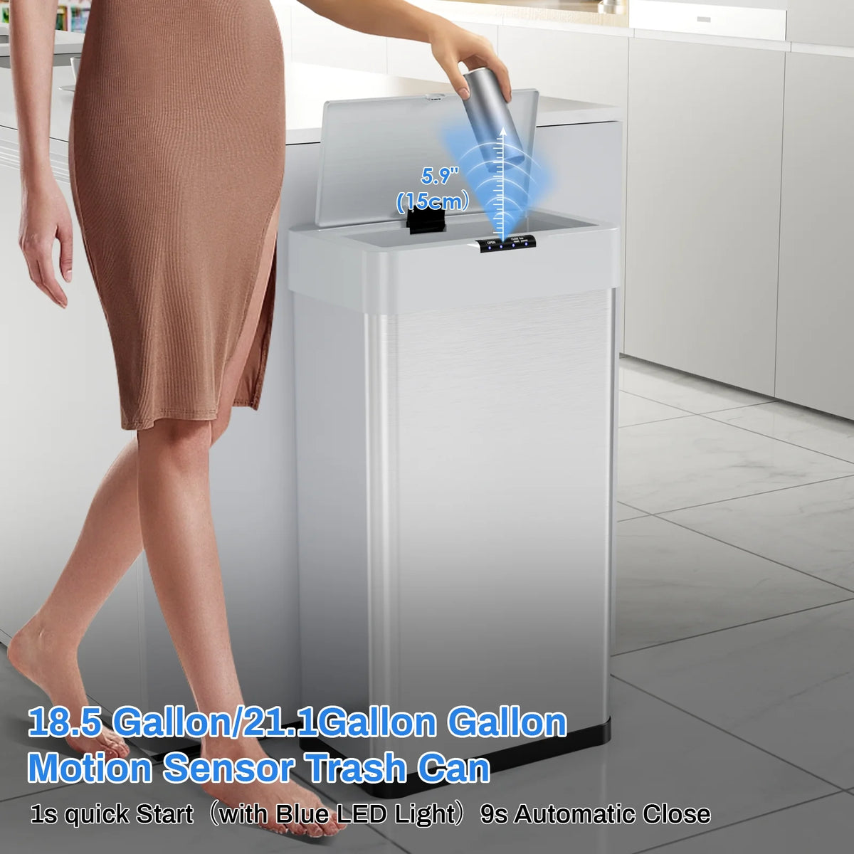 LAZY BUDDY 60 Liter / 16 Gallon Stainless Steel Motion Sensor Trash Can for Kitchen, Bathroom, Rectangular