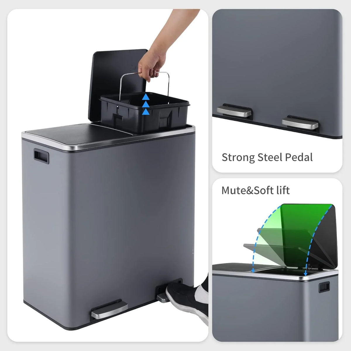 Arlopu 60 L/16 gal Dual Trash Can, Stainless Steel Garbage Can for Kitchen, Recycle Bin with Lid