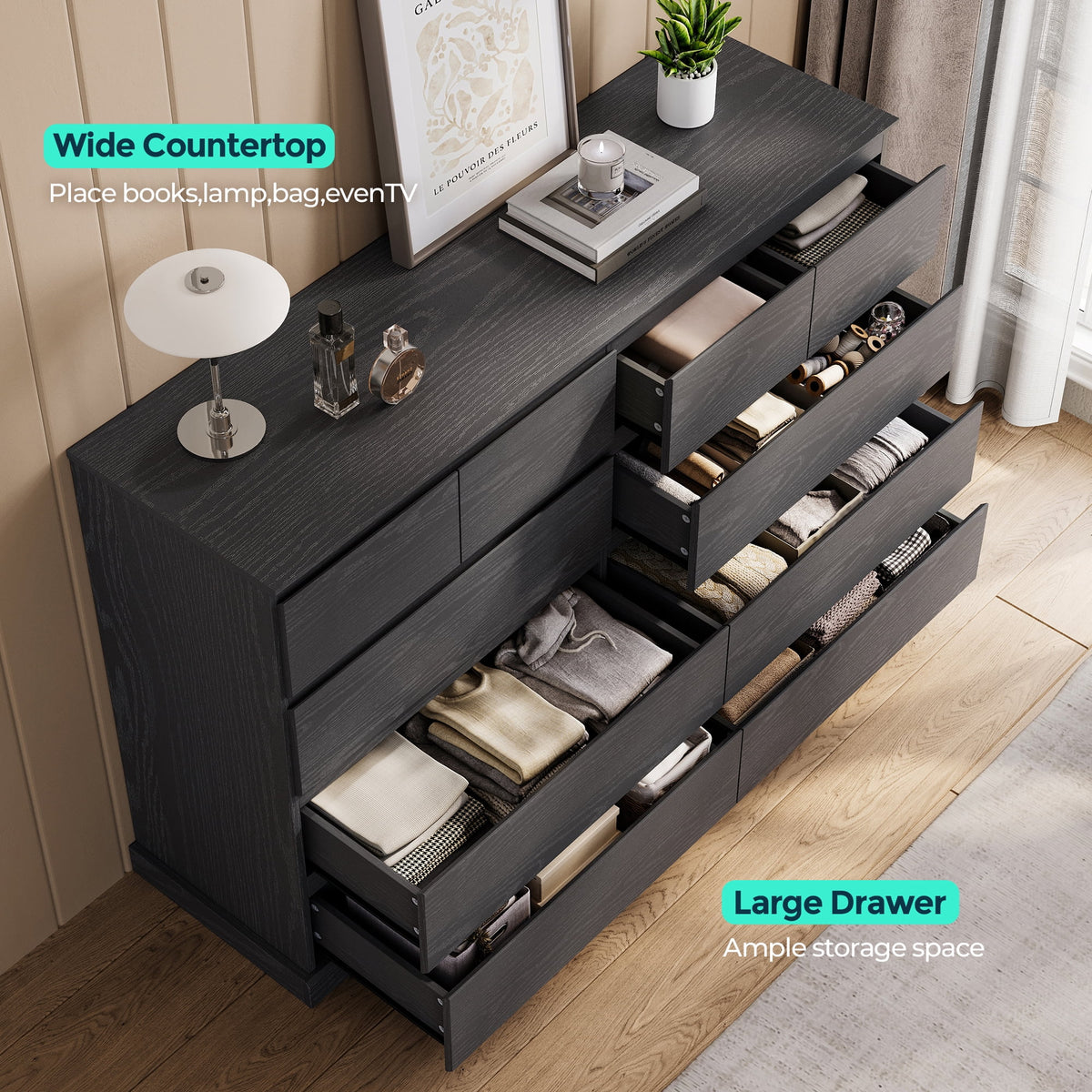 Linsy Home Modern Wood Dressers for Bedroom, Wide Chest of 9 Drawers, White