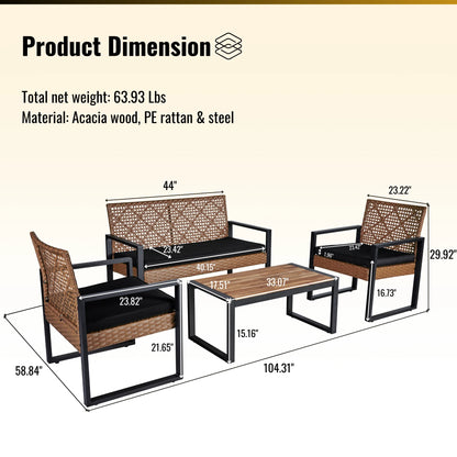 Heavy-duty Patio Furniture Set, 4 Piece Outdoor Sectional Conversation Sets, BrownPE Rattan Patio Sofa Set with Blue Cushions