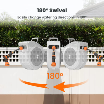 Giraffe Tools Retractable Garden Hose Reel with 1/2in-100ft Water Hose, Plastic Bracket, Wall Mounted, Dark Grey