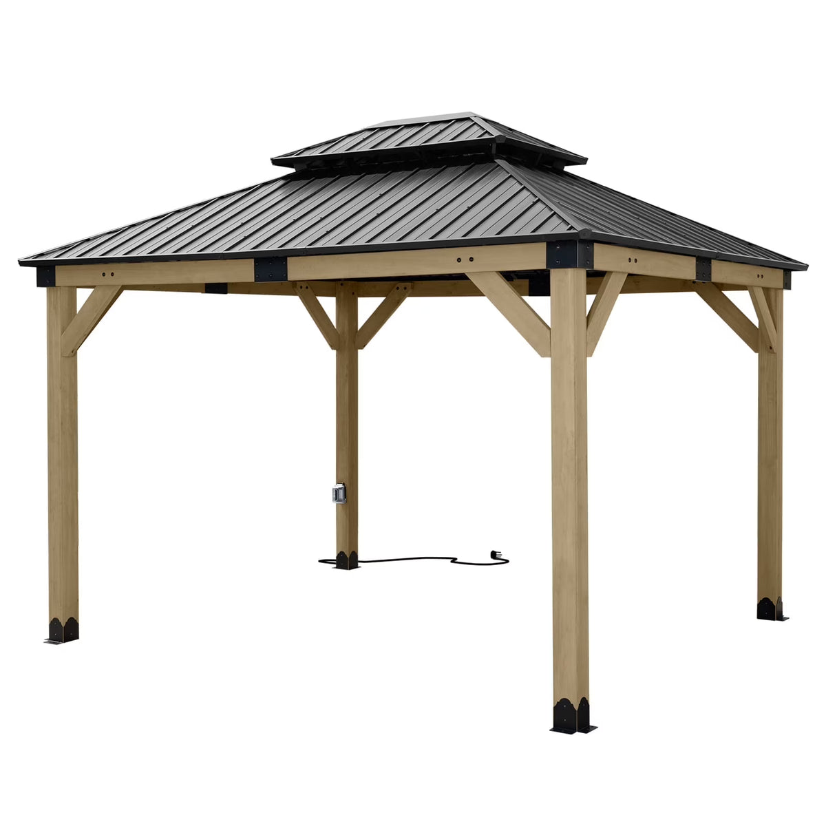Aoodor 10 x 12 ft Wooden Frame Gazebo with 2-Tier Galvanized Metal Hardtop Roof, Outdoor Patio Gazebo with Charging Socket for Patio, Backyard, Deck, and Lawn