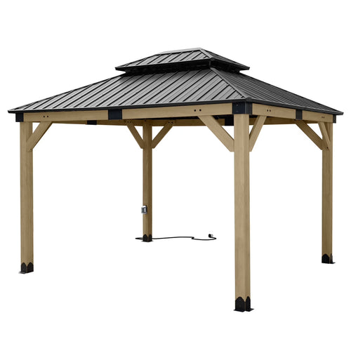 Aoodor 10 x 12 ft Wooden Frame Gazebo with 2-Tier Galvanized Metal Hardtop Roof, Outdoor Patio Gazebo with Charging Socket for Patio, Backyard, Deck, and Lawn