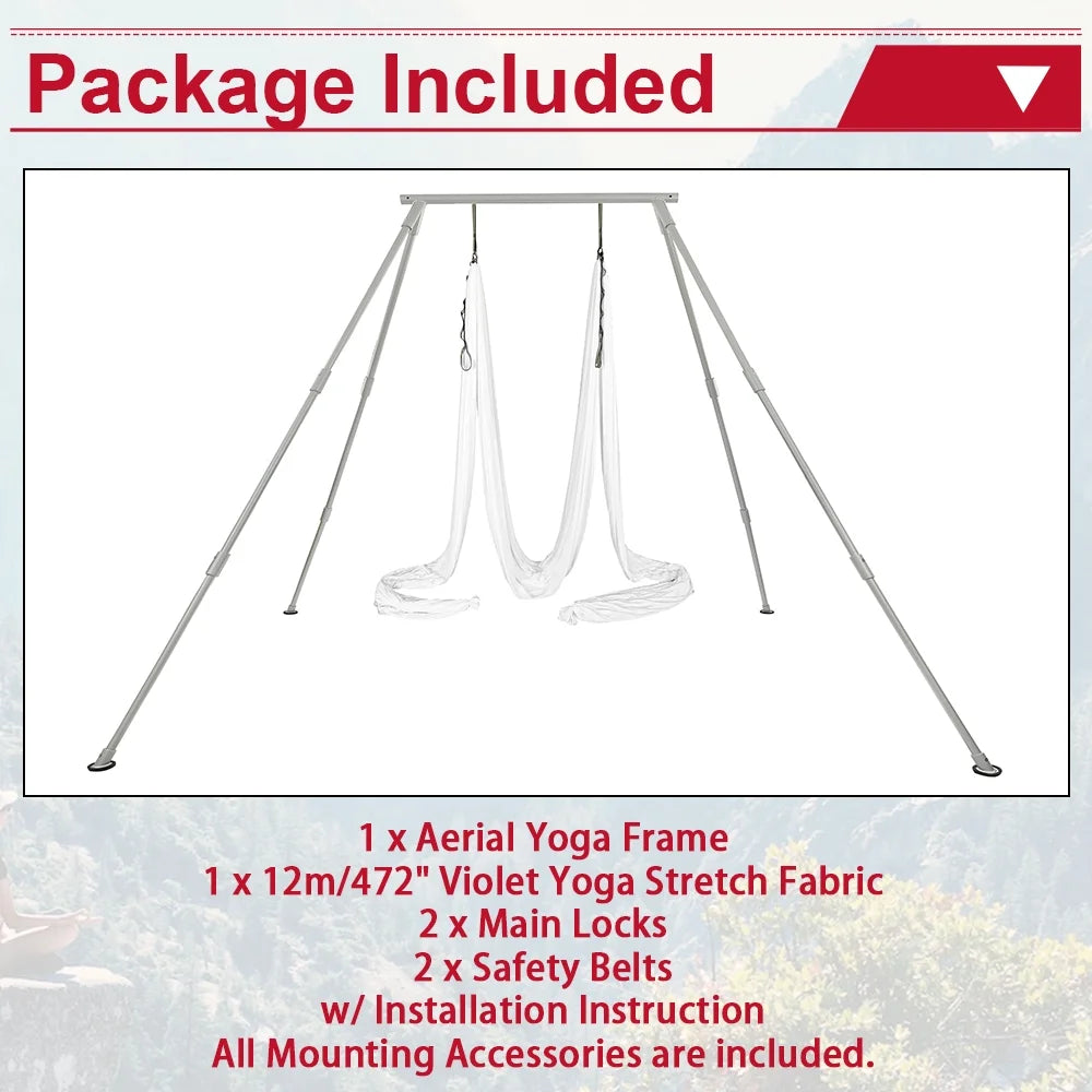 Kojem 97"/2.46m Aerial Stand Yoga Frame Portable Rig Yoga Swing Bar 551 LBS/250KG Indoor Outdoor Aluminum �?Nylon with 39Ft/11.8m Aerial White Silk Yoga Hammocks