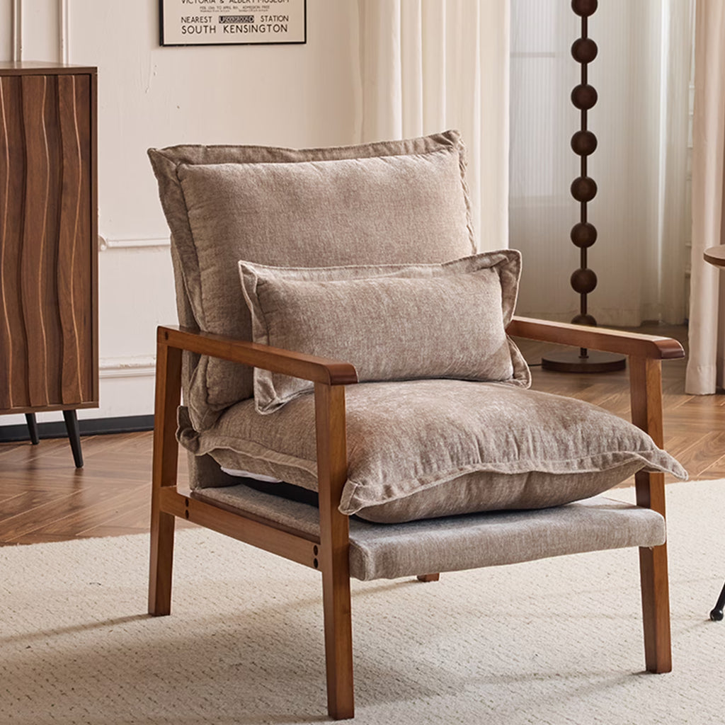 Ktaxon Chenille Accent Chair, Solid Wood Armrests Armchair, Metal Frame for Stability, Single Sofa with Comfortable Cushions and Lumbar Pillow Beige