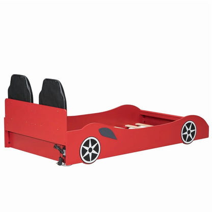 Bellemave Race Car Bed with LED Lights, Twin Size Bed Frame for Boys Kids Toddler Bed, Wooden Platform Racing Car Bed with Upholstered Backrest Headboard, No Box Spring Needed（White)