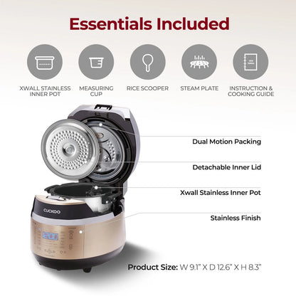 Cuckoo 3 Cup Dry Induction Heating Pressure Rice Cooker with Micom Logic Tech, Nonstick Pot, Warmer, 16 Menu Modes and Voice Guide in Gold (CRP-EHSS0309FG)