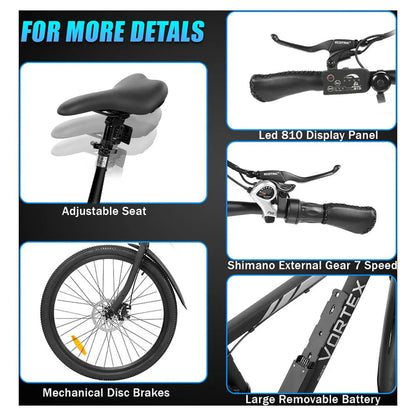 Ecotric Black 26 In. 36V 350W Electric City Bicycle e-Bike Removable Battery 7 Speed Pedal Assist