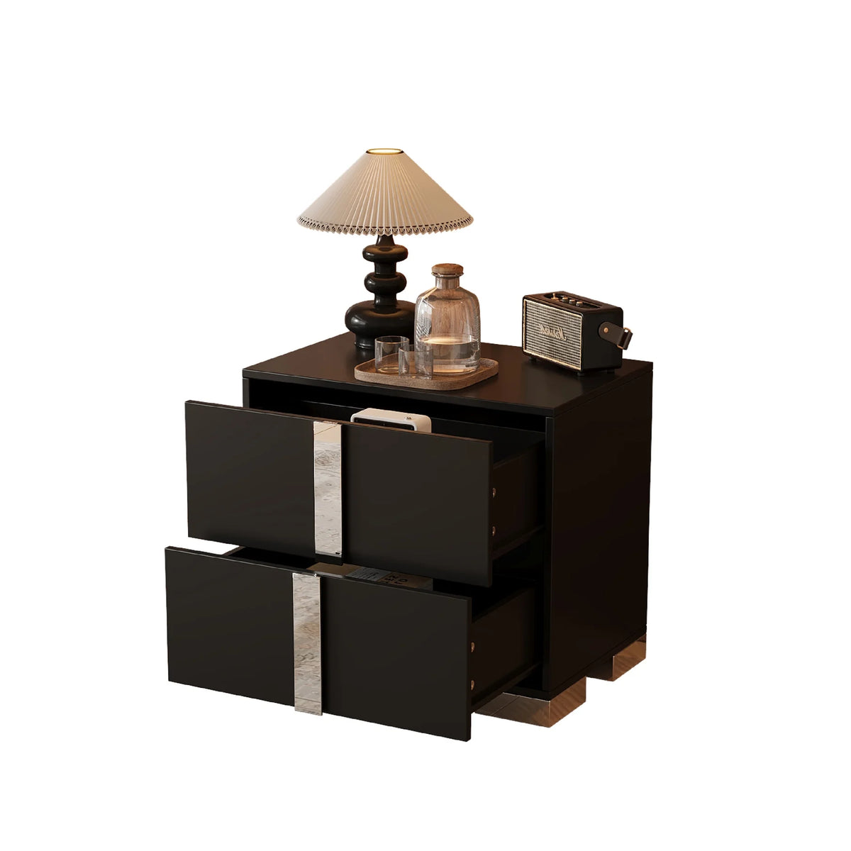 Elegant Nightstand with Metal Handle, Mirrored Bedside Table with 2 Drawers for Bedroom, Living Room, End Sofa Side Table for Living Room, Office, White