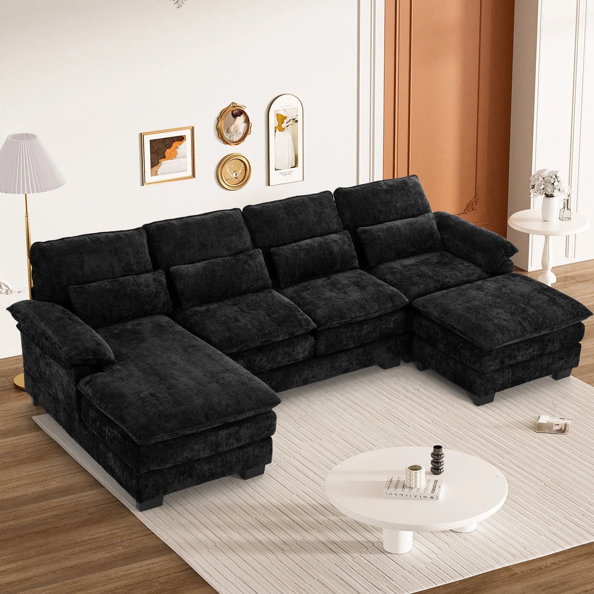 Rophefx 114.3" U Shaped Sectional Couches for Living Room,Cloud Couch,4 Seats Chenille Couch with Double Layer Cushion,Orange