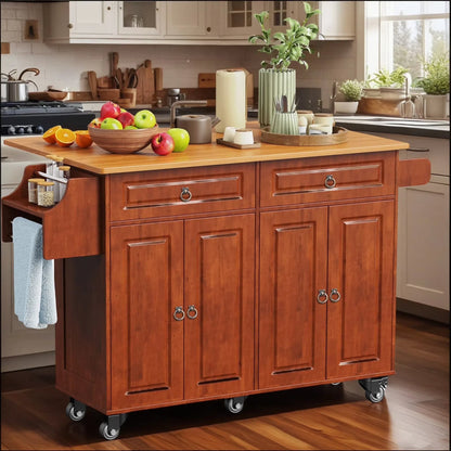Lofka 52-Inch Kitchen Island with Storage on Wheels with Wood Drop Leaf, Ideal for Small Kitchens