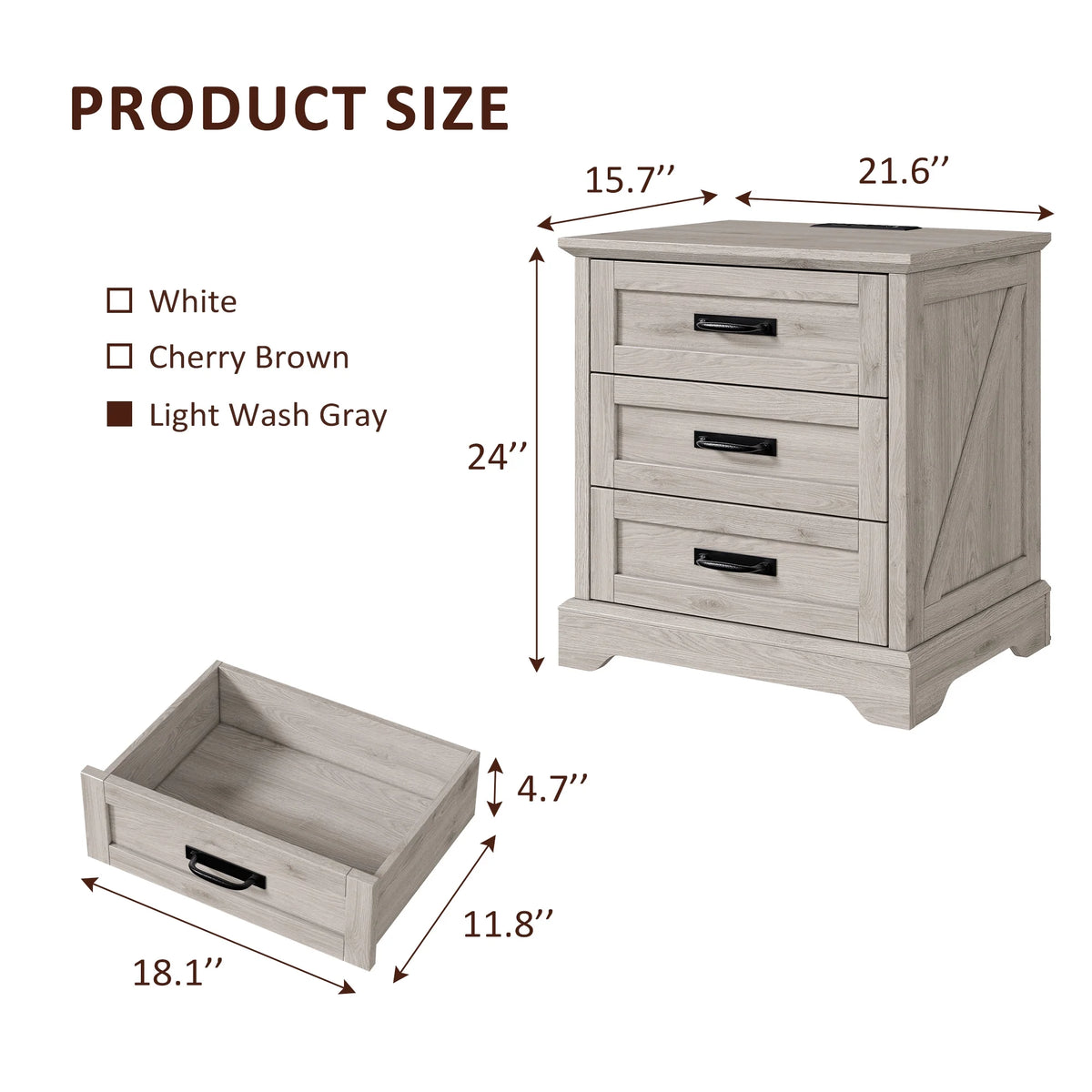 Farmhouse Nightstand Set of 2, 22 inch Side Table with Charging Station for Bedroom, 2PCS, White