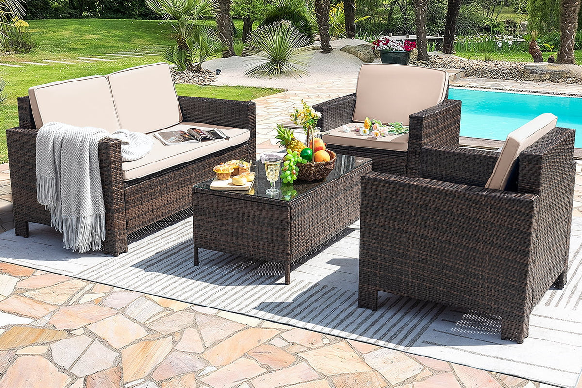 Lacoo 4 Pieces Patio Furniture Sets Rattan Chair Wicker Conversation Sofa Set Outdoor Tble and Chairs for Backyard Porch Garden Poolside Balcony, White