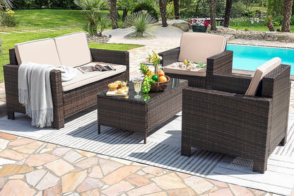 Lacoo 4 Pieces Patio Furniture Sets Rattan Chair Wicker Conversation Sofa Set Outdoor Tble and Chairs for Backyard Porch Garden Poolside Balcony, White