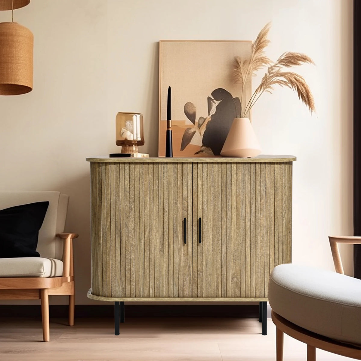 LuxenHome 35" Mid Century Modern Accent Cabinet, Small Buffet Cabinet with Sliding Door, Oak