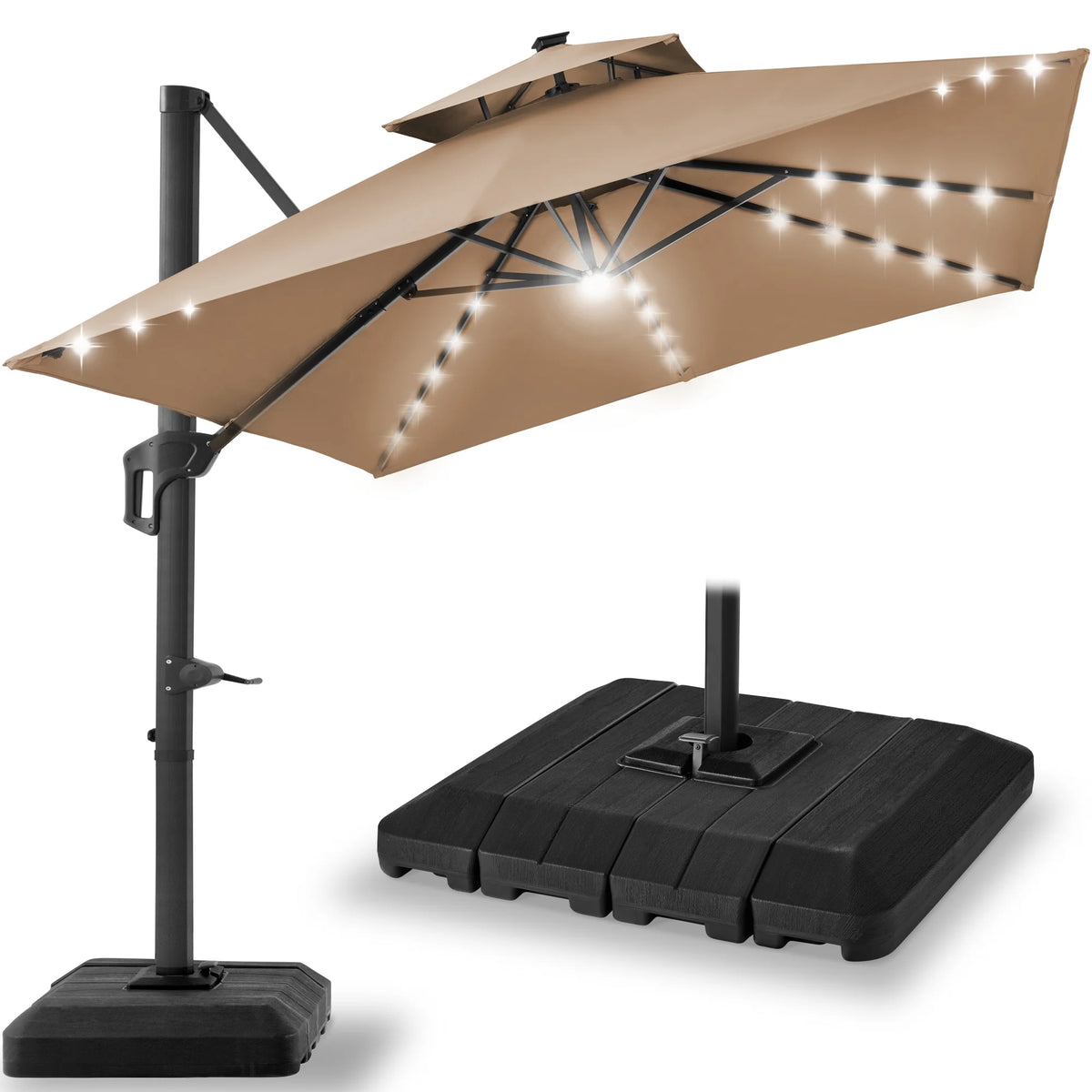 Best Choice Products 10x10ft 2-Tier Square Outdoor Solar LED Cantilever Patio Umbrella w/ Base Included - Tan