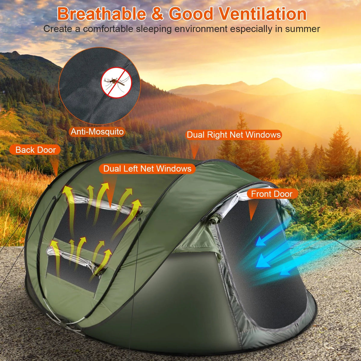 Tcbosik Easy Pop Up Tent for 5-8 Person, Automatic Setup Instant Family Tent with 2 Doors and 4 Mosquito Net Windows, Waterproof Camping Tent with Carry Bag for Hiking & Traveling, Khaki