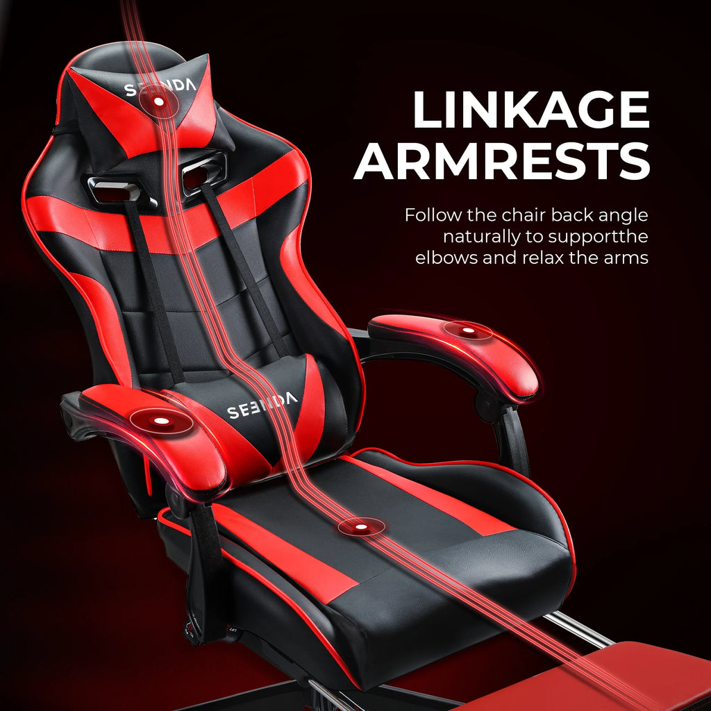 Gaming Chair, Seenda Video Game Chair with Footrest and Lumbar Support, Ergonomic Computer Chair Height Adjustable with Swivel Seat and Headrest, Red