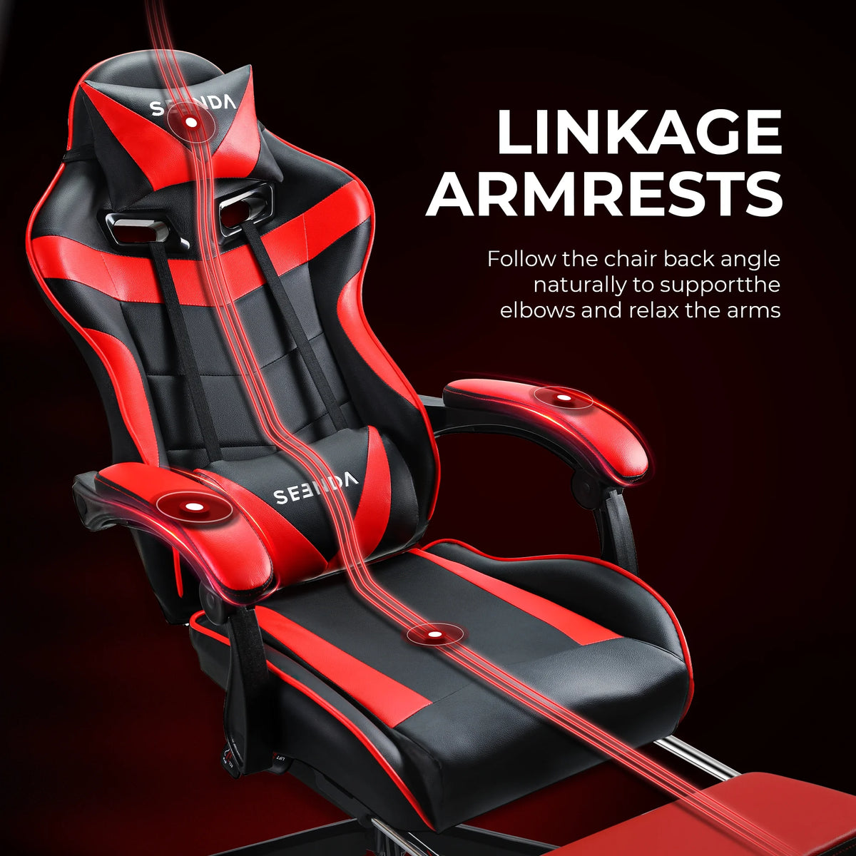 Gaming Chair, Seenda Video Game Chair with Footrest and Lumbar Support, Ergonomic Computer Chair Height Adjustable with Swivel Seat and Headrest, Red