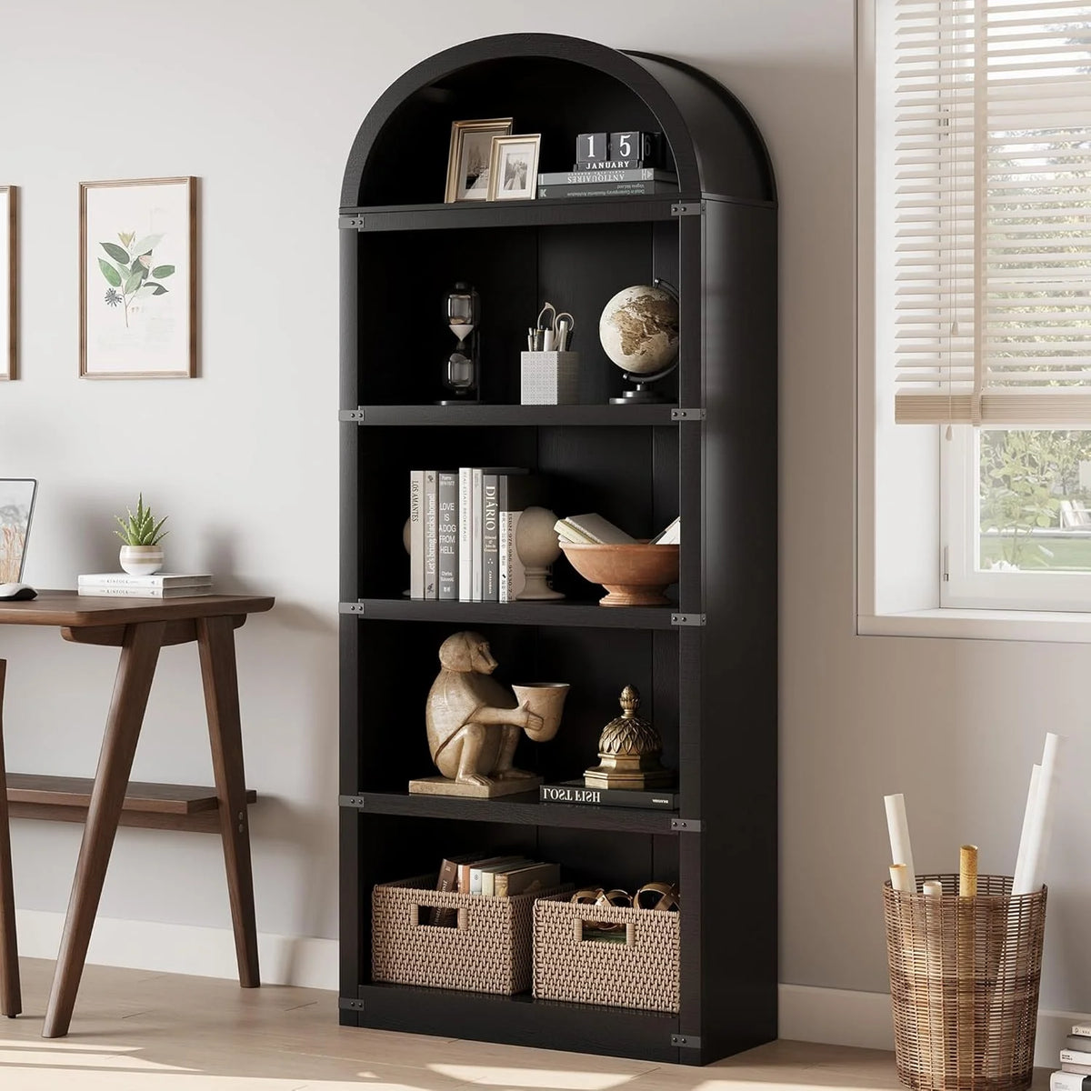 Bookcase 5 Shelf Arched Bookshelf 71.65in Tall Bookcase Farmhouse Display Storage Rack Wooden Bookshelves for Home Office, Living Room(white)