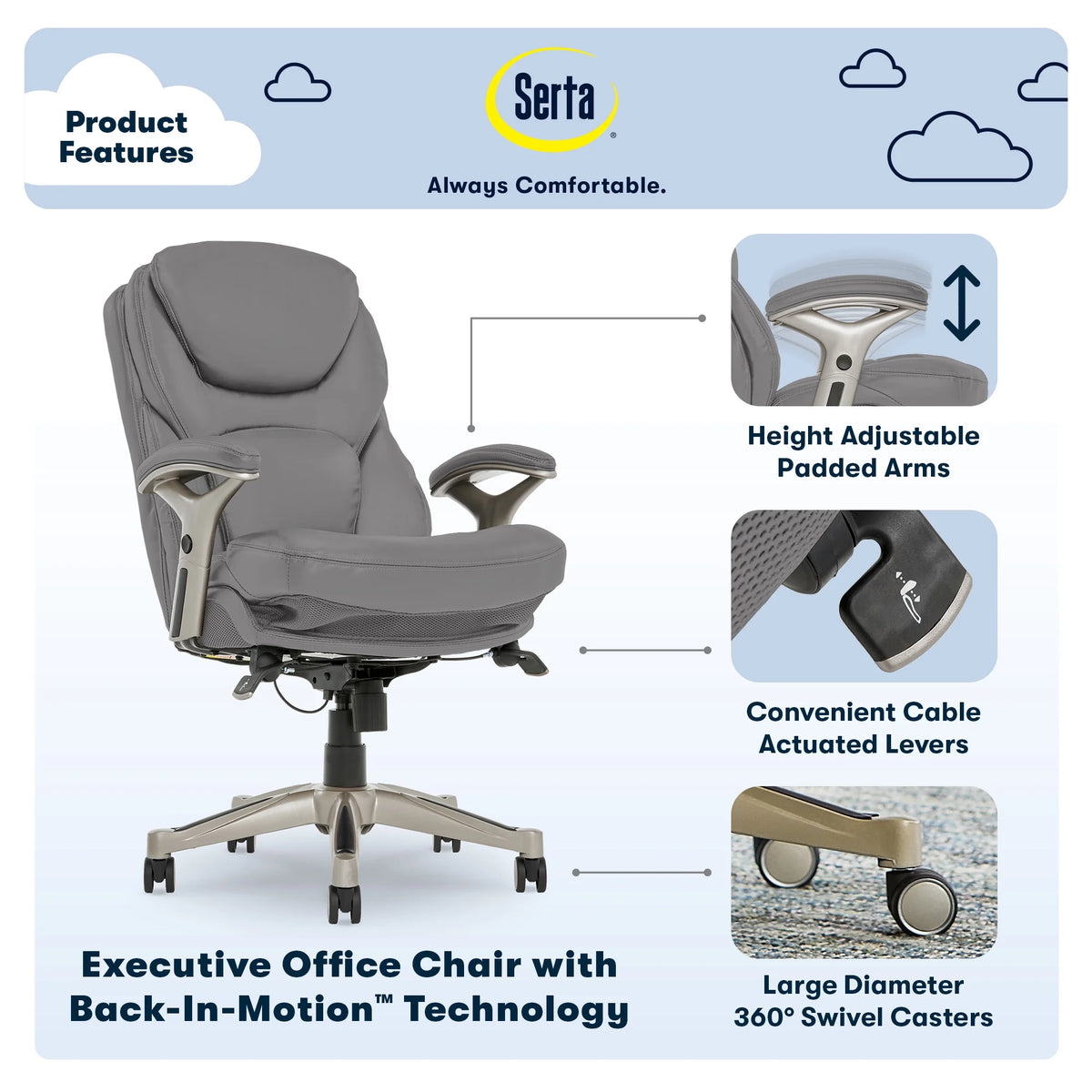 Serta Back in Motion Technology Fabric Executive Office Chair, Light Gray