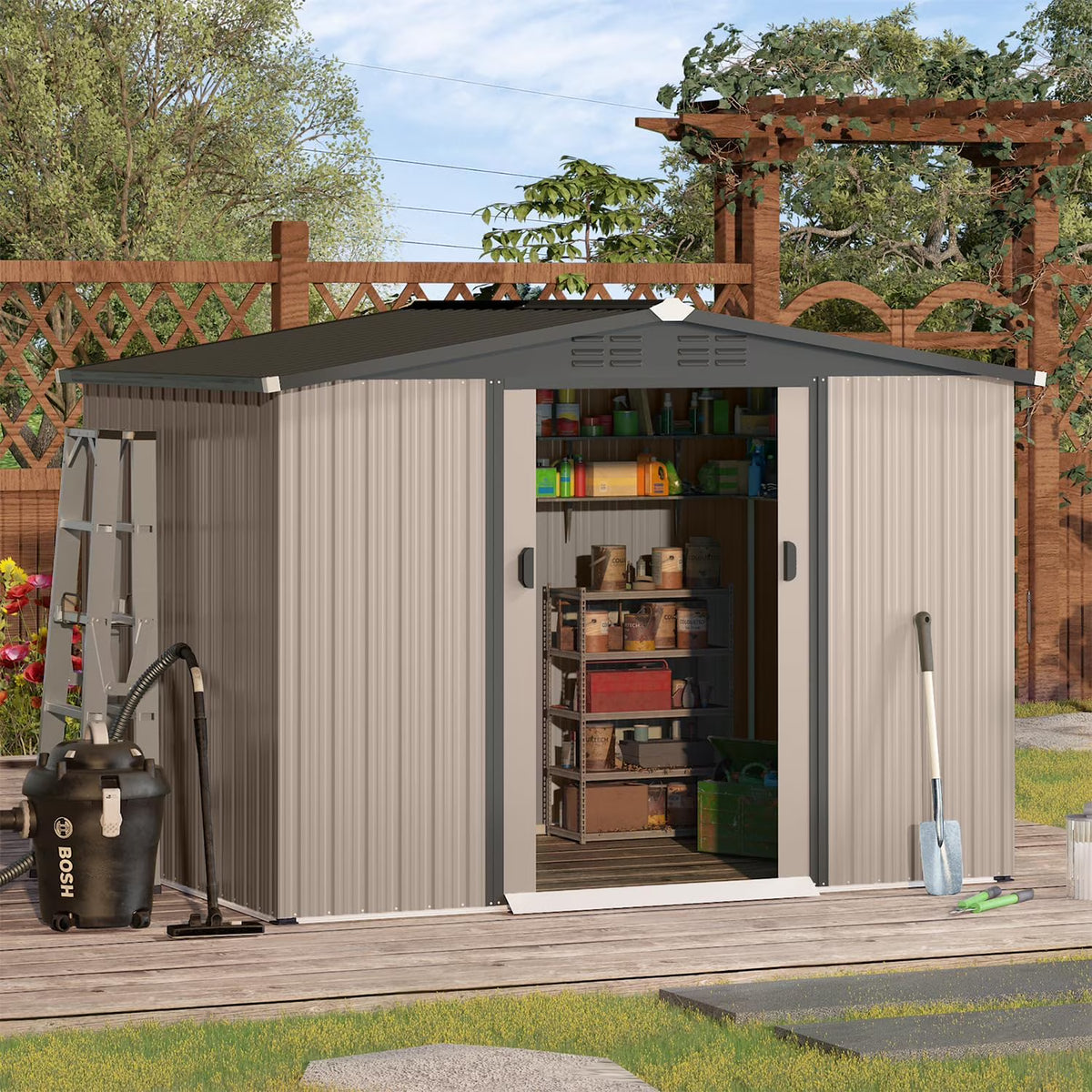 U-MAX 8 x 6 ft. Wood Grain Outdoor Metal Storage Shed with Lockable Door Patio Garden Storage Building for Outside