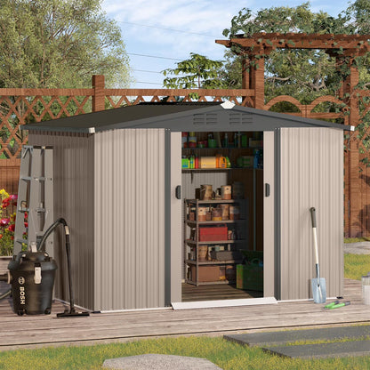 U-MAX 8 x 6 ft. Wood Grain Outdoor Metal Storage Shed with Lockable Door Patio Garden Storage Building for Outside