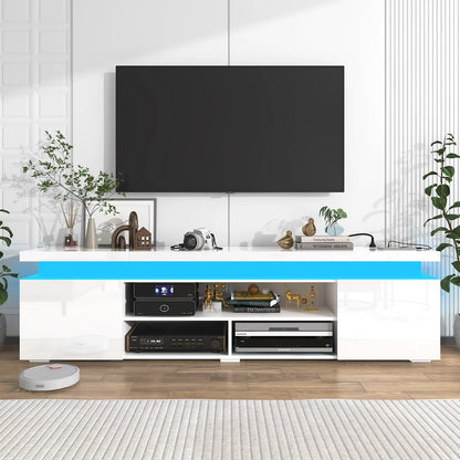 LED TV Stand for up to 85" TVs with Power Outlet, 75" Large Entertainment Center Console Table Gaming Soundbar Shelf with 2 Storage Cabinets
