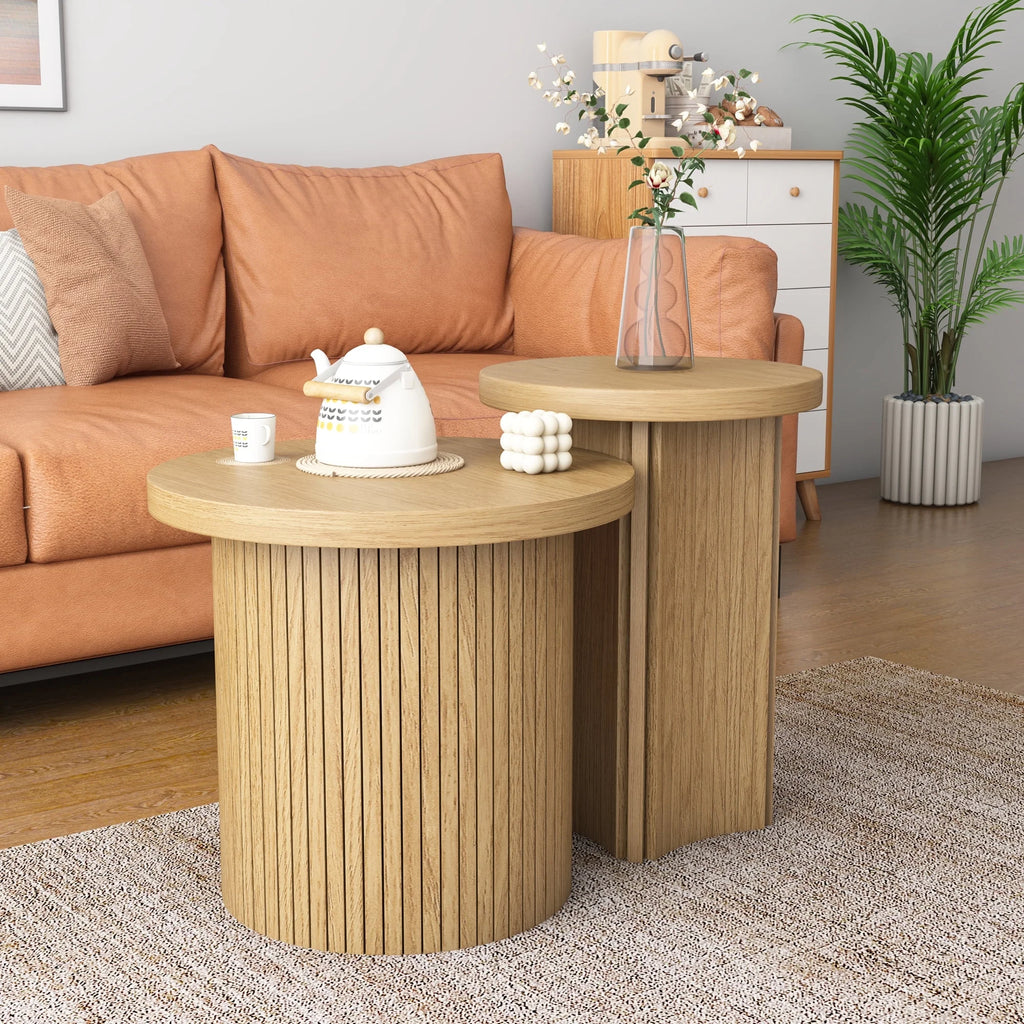 Nesting Coffee Table Set of 2, Wooden Round Coffee Table, Modern Circle Side Table, Accent End Side Table for Living Room, Office, Balcony