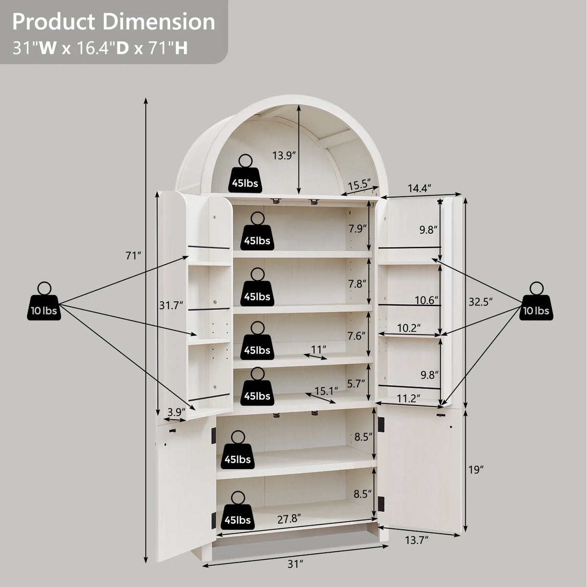 SinCiDo Arched Kitchen Pantry Storage Cabinet, 71-Inch Tall Wood Adjustable Shelves, 2 Doors, 2 Drawers