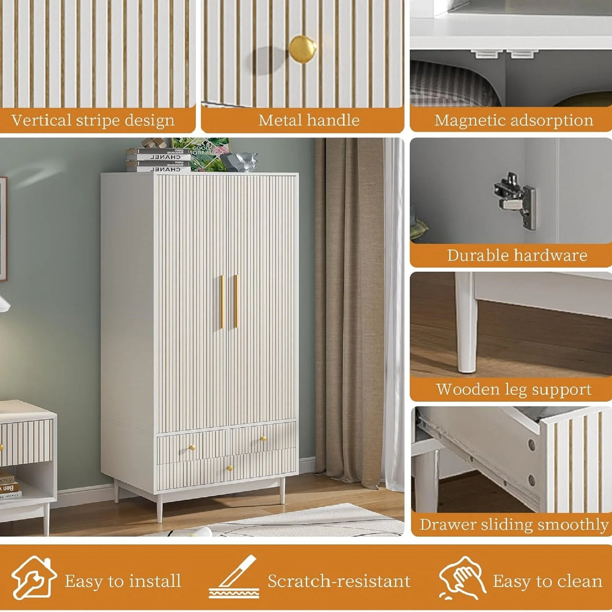 Armoire Wardrobe Closet with 2 Doors, Wardrobe Cabinet with Hanging Rod and Drawers, Wooden Closet for Bedroom, White