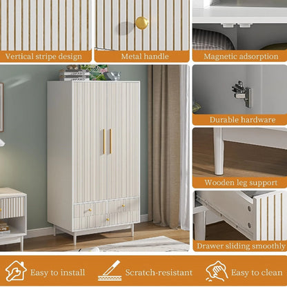Armoire Wardrobe Closet with 2 Doors, Wardrobe Cabinet with Hanging Rod and Drawers, Wooden Closet for Bedroom, White