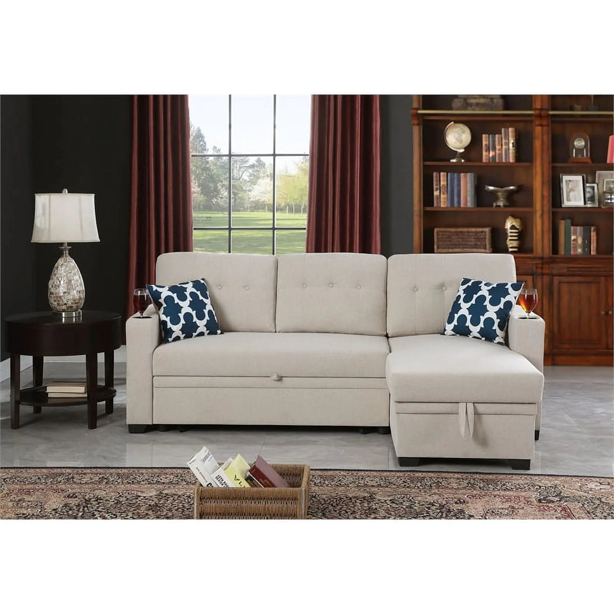 Reversible Fabric Sleeper Sofa Bed & Chaise with Cup Holder-Beige
