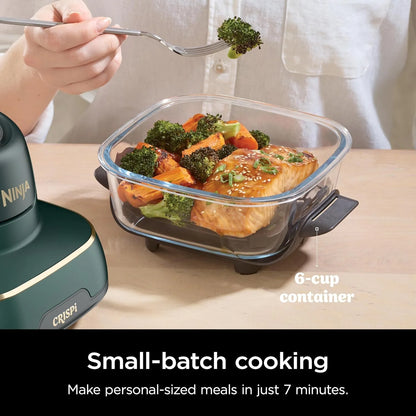 Ninja Crispi 5-in-1 Portable Glass Air Fryer Cooking System FN103BF, British Racing Green with Soft Gold Trim, 1500W, New