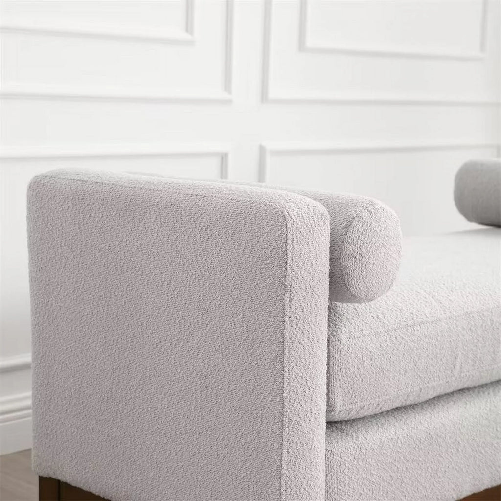 End of Bed Bench, 53.5" Boucle Fabric Upholstered Entryway Bench with Wood Legs & Bolster Pillows, Rolled Arm Cushioned Ottoman Foot Rest Long Stool Window Extra Seating for Bedroom, Ivory