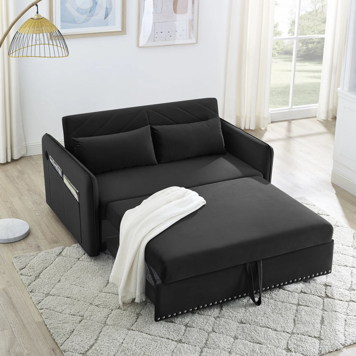 55" Convertible Sleeper Sofa Bed,3 in 1 Convertible Sleeper Loveseat with USB Ports,Modern Velvet Pull Out Sofa Bed with 2 Pillows and Rivet Design for Living Room Furniture,Gray