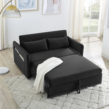 55" Convertible Sleeper Sofa Bed,3 in 1 Convertible Sleeper Loveseat with USB Ports,Modern Velvet Pull Out Sofa Bed with 2 Pillows and Rivet Design for Living Room Furniture,Gray
