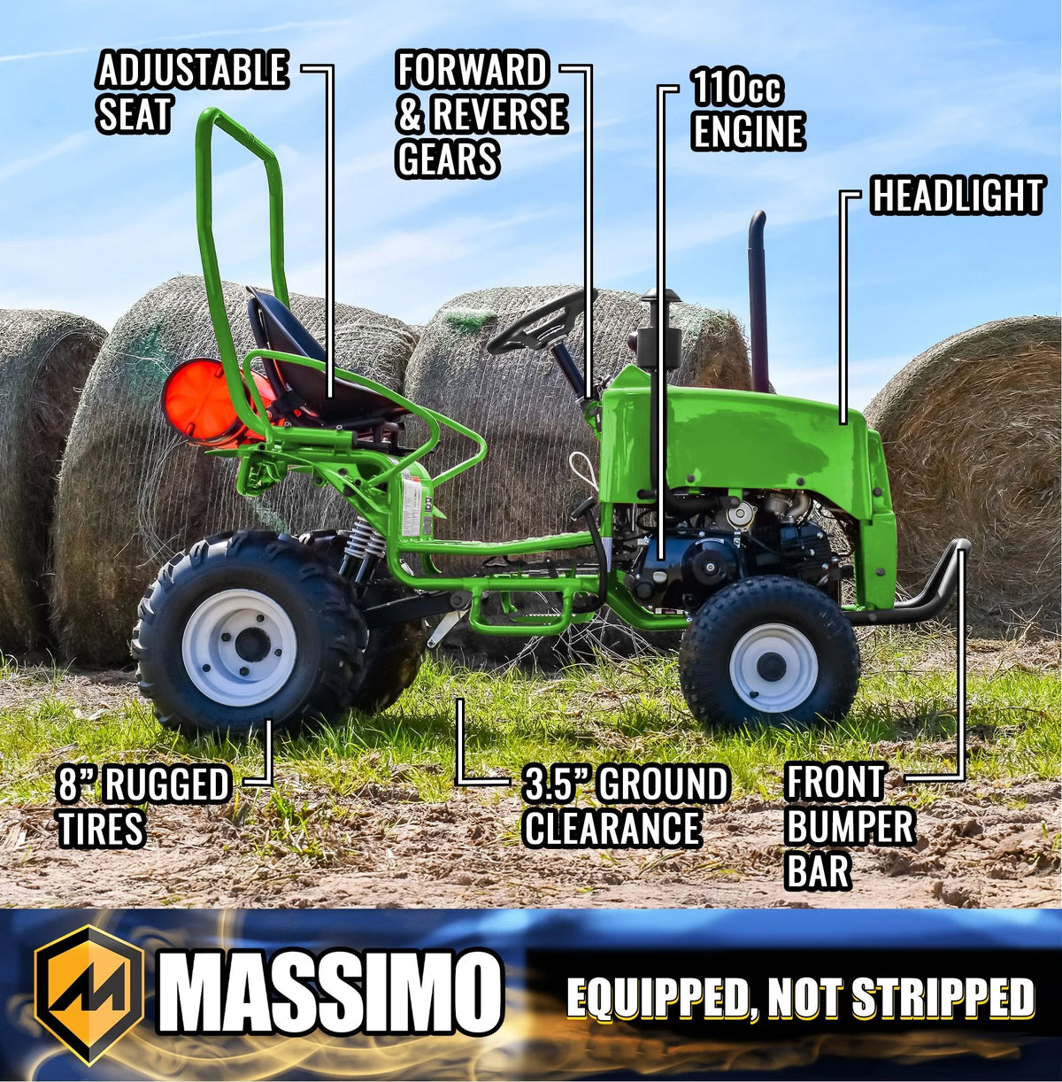 Massimo Mini Tractor 110cc 2WD Gas Go Kart �C Kids & Youth Ride-On Utility Vehicle �C Green