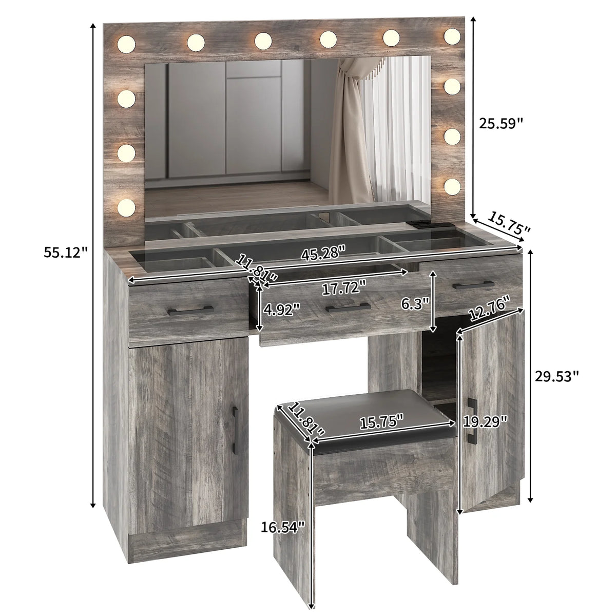 Ktaxon Large Makeup Vanity, Vanity Table Set w/ Visible Glass Top w/ Charging Station, White