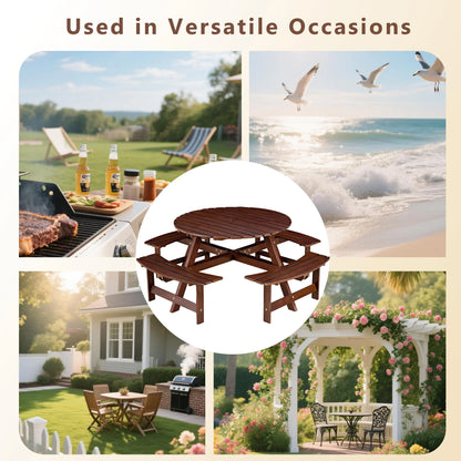 8 Person Wood Picnic Table, Outdoor Round Picnic Table with 4 Built-in Benches, Umbrella Hole, Outside Table and Bench Set for Patio, Backyard, 500lbs Capacity Per Bench
